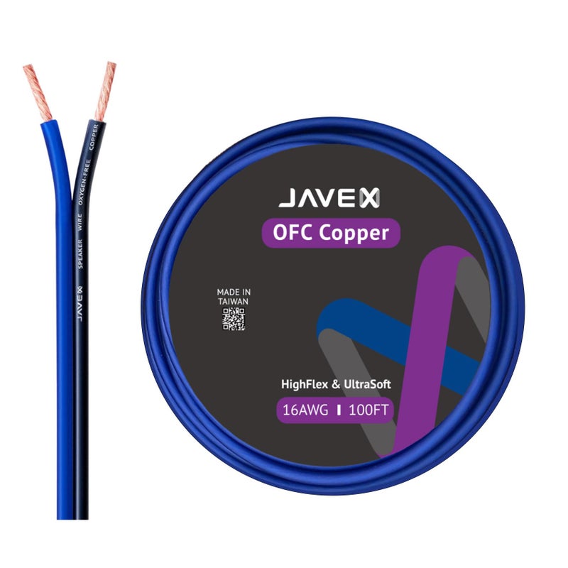 JAVEX 16-Gauge AWG Audio Speaker Wire Cable (100 FT), [1OFC Oxygen-Free Copper] HighFlex Thin Flat Cable for Automotive Car Stereo Audio, HI-FI Stereo, Home Theater, Blue/Black - Image 1
